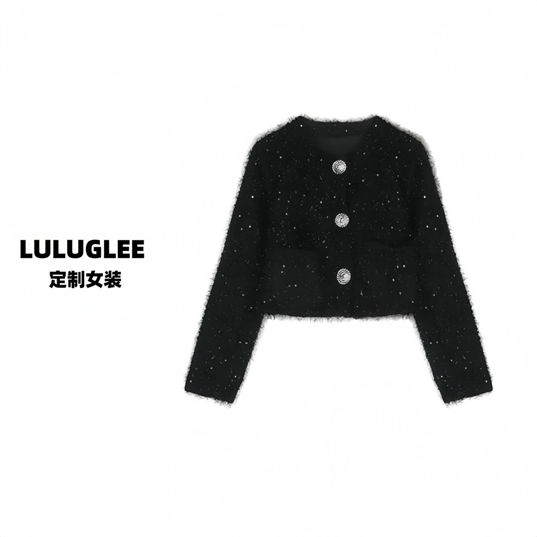 小香风复古黑色长袖外套女春秋高级感宽松粗花呢气质短款开衫上衣