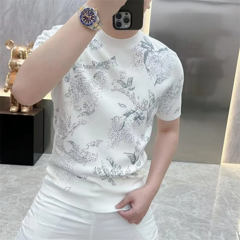 2025新品欧货轻奢高品质短袖T恤男印花针织冰丝百搭半袖上衣潮025