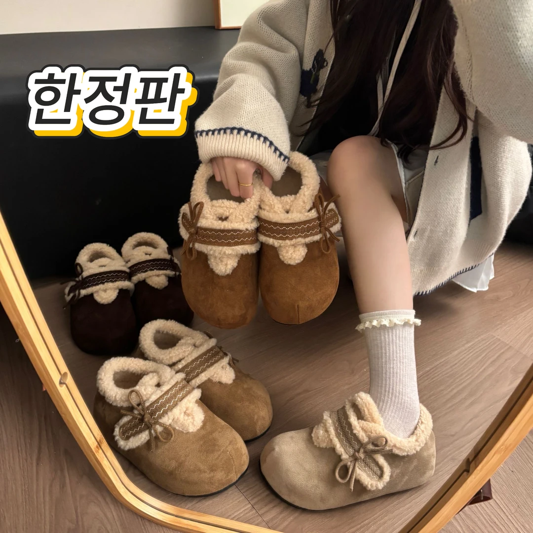 【韩国신상품】厚底休闲勃肯鞋加绒魔术贴蝴蝶结百搭软底外穿女棉鞋