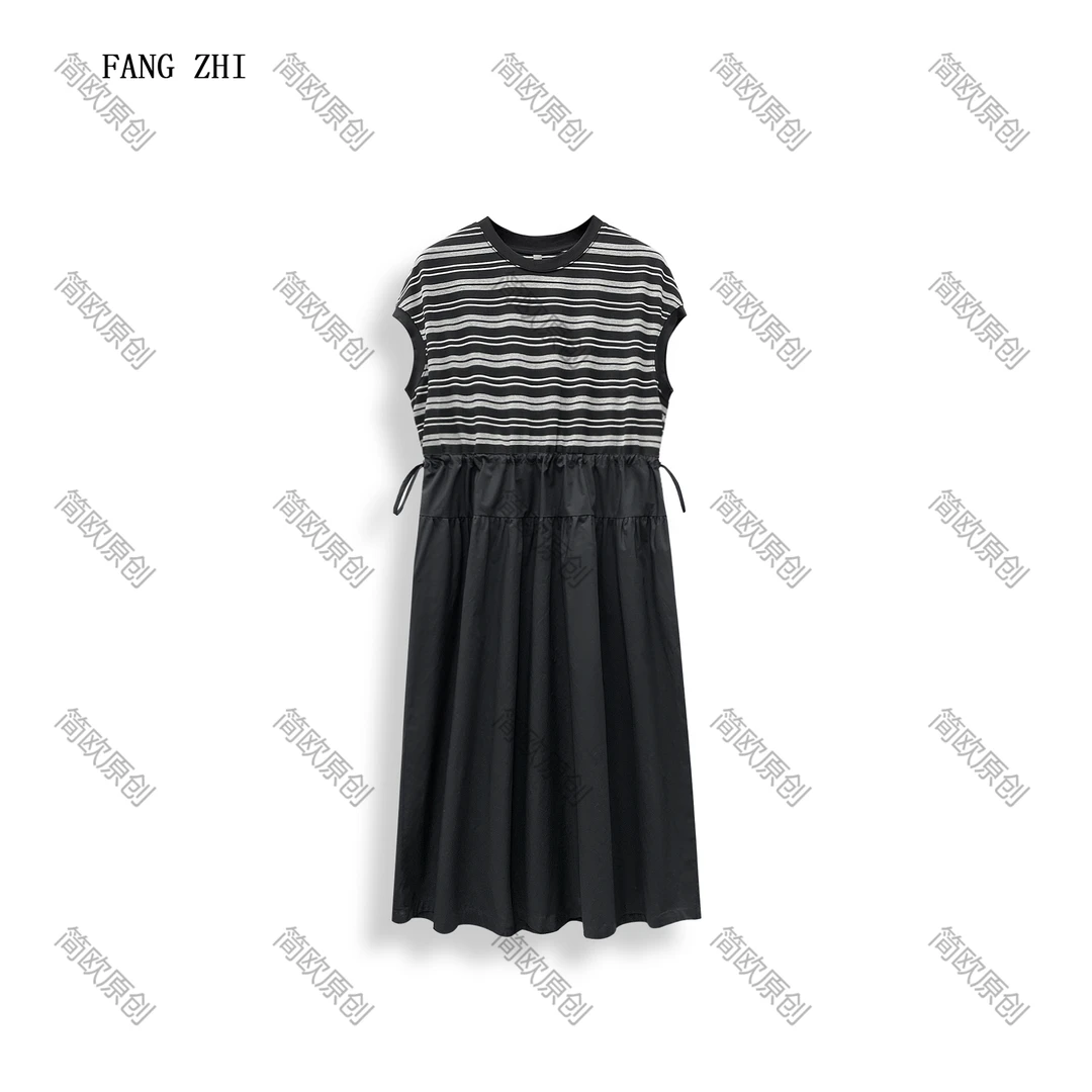 休闲时尚圆领拼接松紧高腰复古拼色条纹宽松连衣裙 D4210