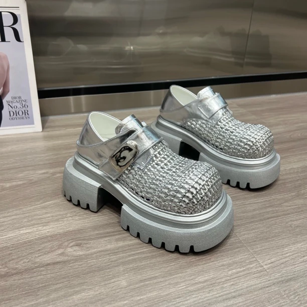 欧货大牌厚底两穿乐福鞋女2025新款松糕底魔术贴半拖鞋小个子拖鞋