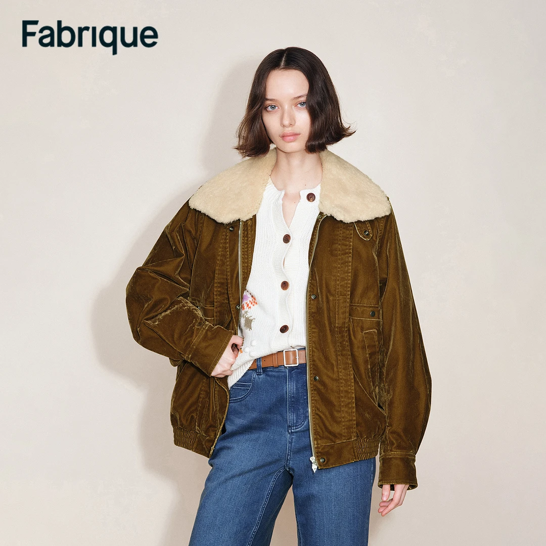 Fabrique Veronica 秋冬琥珀金棕双色植绒牛仔毛领夹克棉服外套
