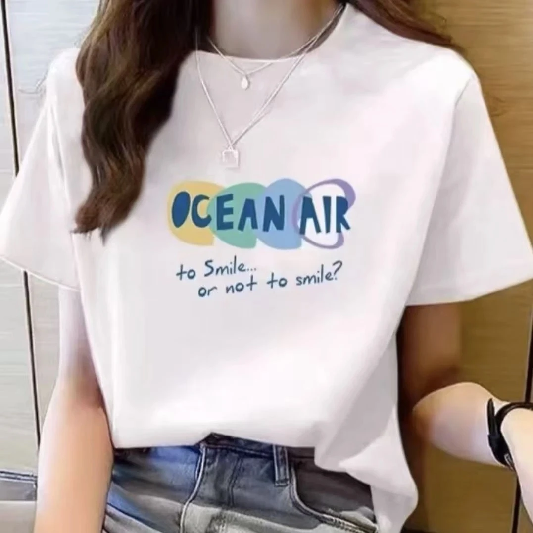 女款【四色字母】打底丝滑棉宽松显瘦半袖休闲圆领印花白色短袖上衣