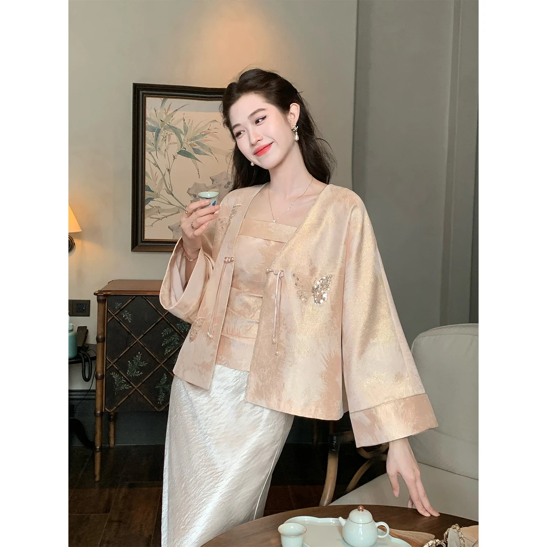 凌茜恣禾【暖穹】橘粉吊带开衫减龄半裙时尚套装