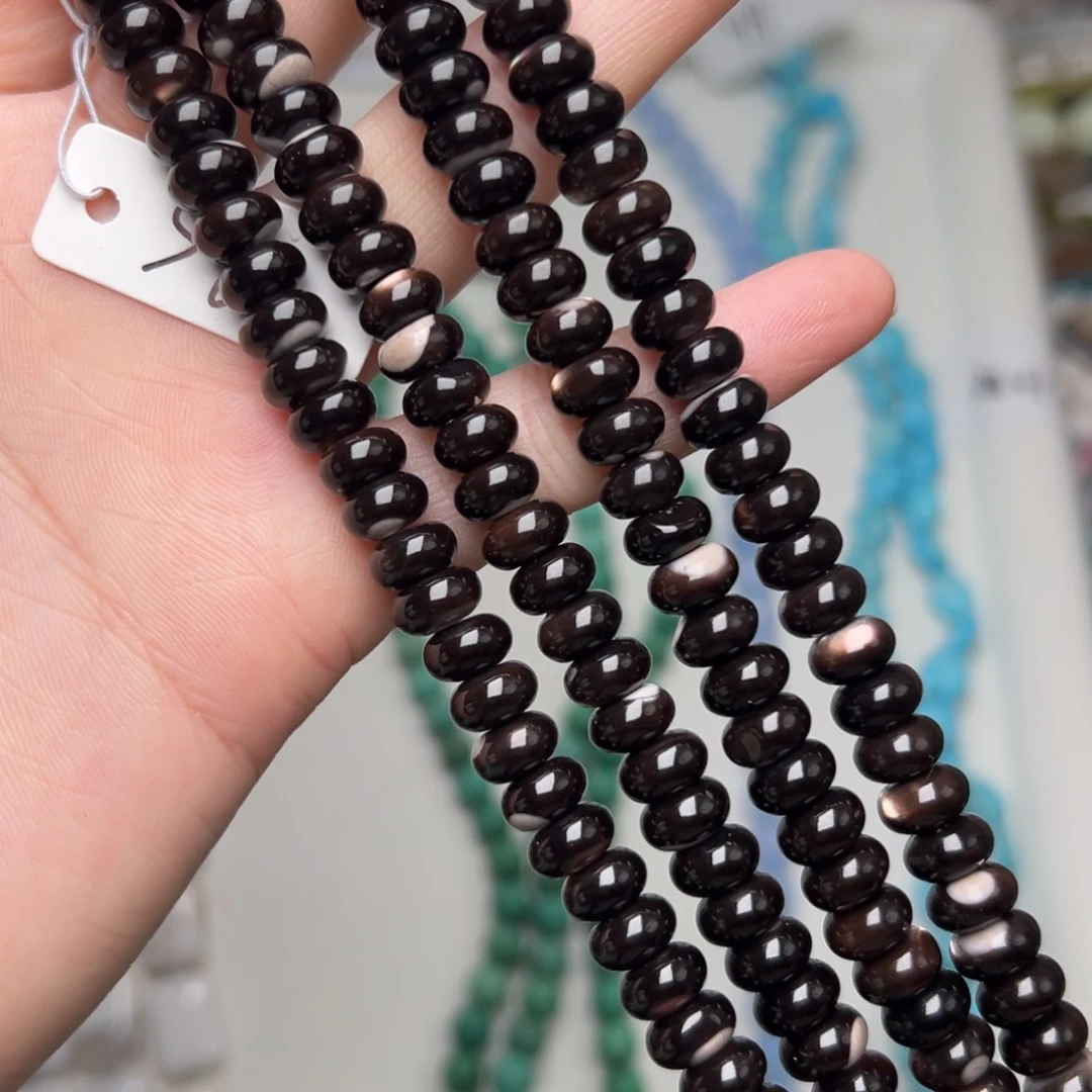 玛瑙/玉髓合金珠宝半成品K468。8.3mm天然黑金贝算盘珠一条
