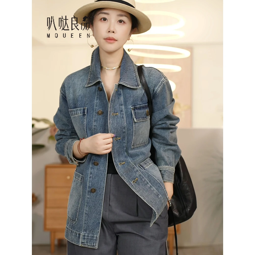 【叭哒不惑】摇滚甜心 棉气质牛仔夹克多口袋收腰设计复古百搭外套