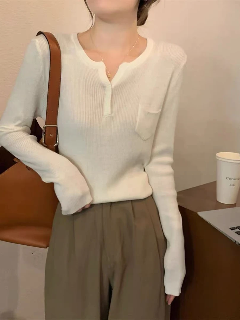 胸90-160长55女长袖半开领套头毛针织衫气质上衣 7899