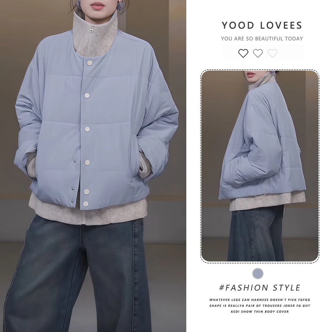 韩系穿搭设计感圆领单排扣棉服外套秋冬新款时尚简约宽松保暖棉衣
