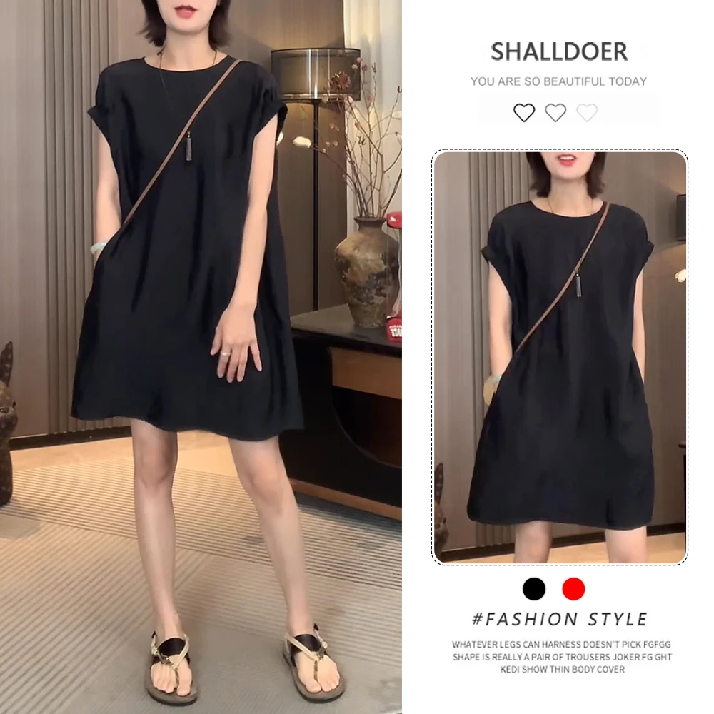 法式高级感黑色短袖连衣裙女2025新款夏季宽松显瘦休闲气质中长裙