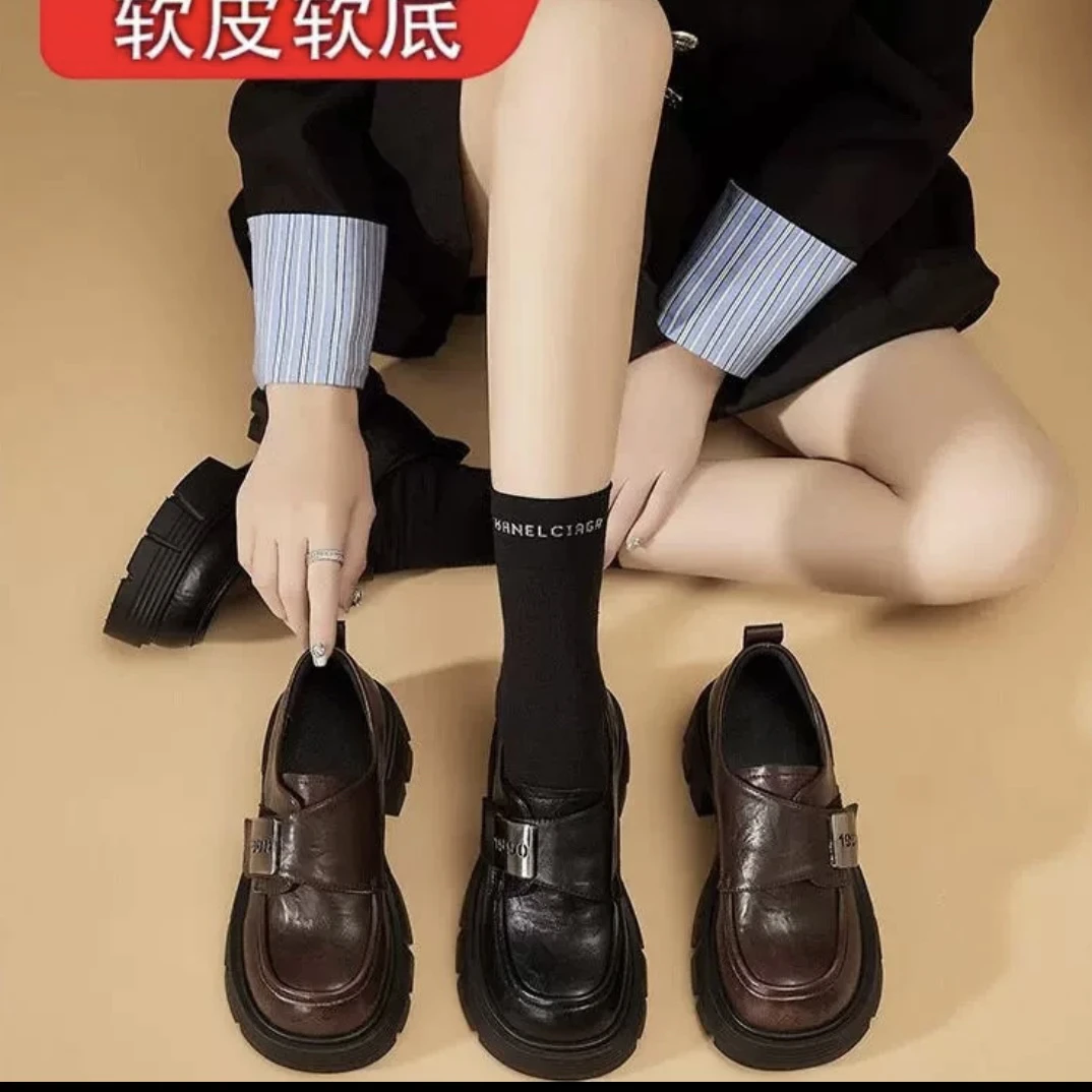 【高端定制】2025新款粘贴乐福鞋学生女鞋厚底皮鞋学院风黑色英伦风
