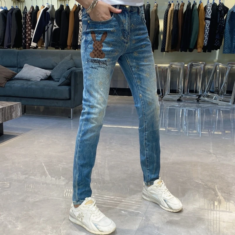 【也许家】新品秋季欧货男士修身弹力小脚烫钻修身牛仔裤BB76113