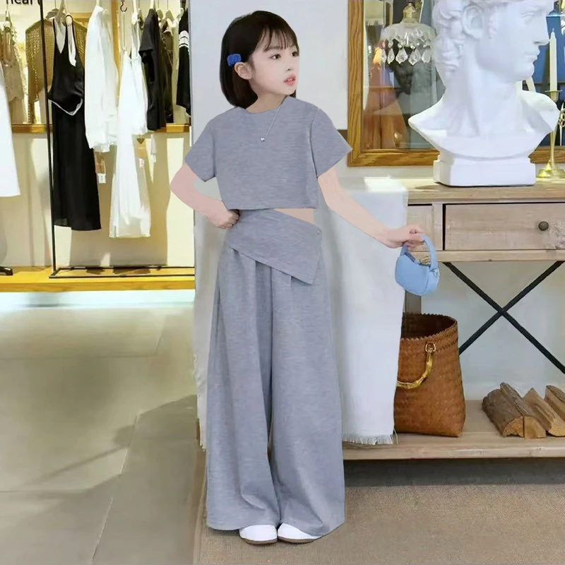 女童套装夏季新款韩系儿童夏装针织T恤中大童高腰阔腿裤两件套潮