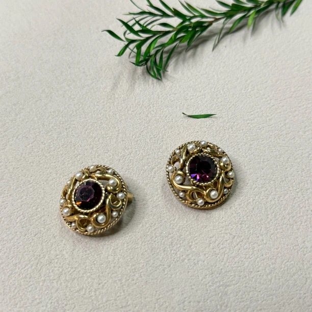 铜合金合成锆石耳饰 【六六中古】孤品复古耳夹te1807