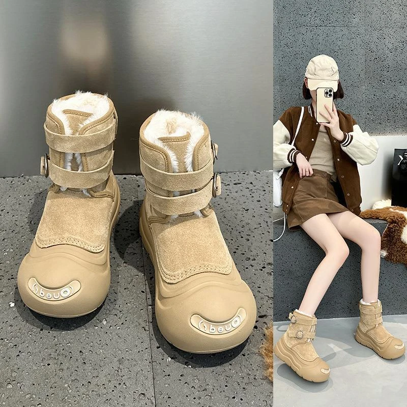 口笑厚底雪地靴男女款2025冬季新款加绒保暖棉鞋防水防滑大头棉靴