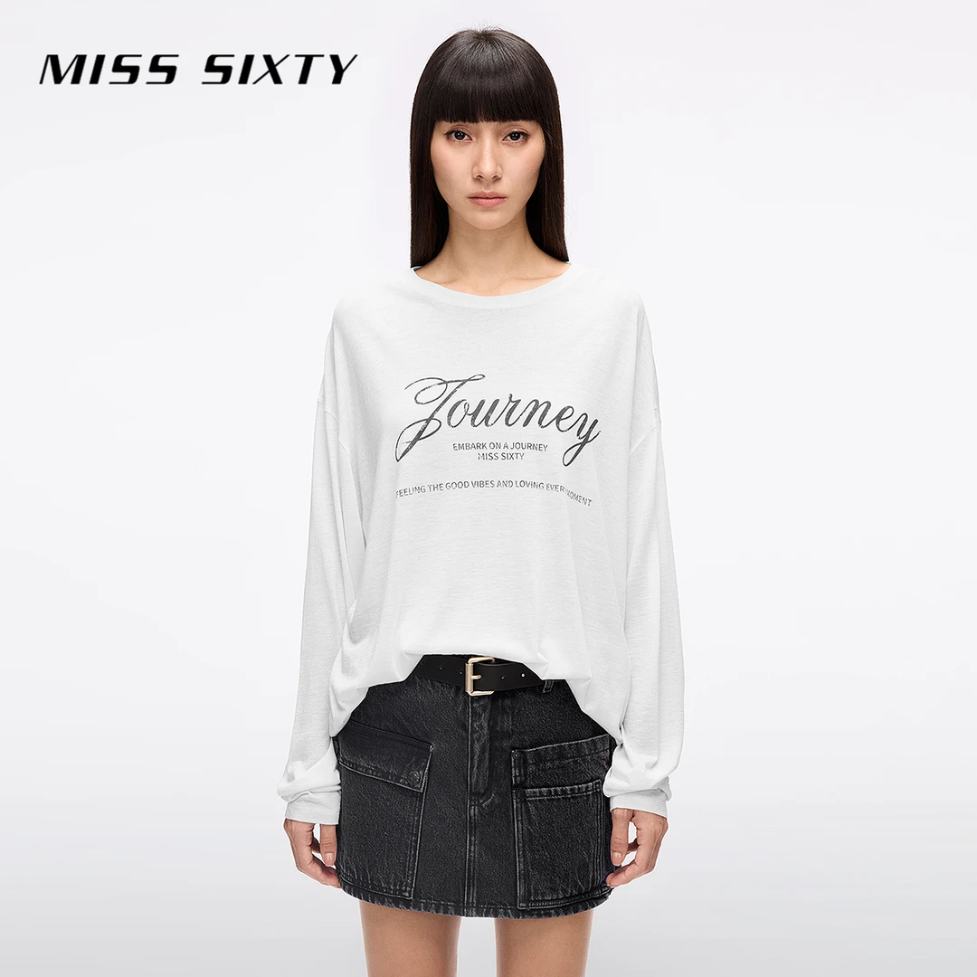 MissSixty长袖T恤女圆领撞色复古印花宽松中长款416