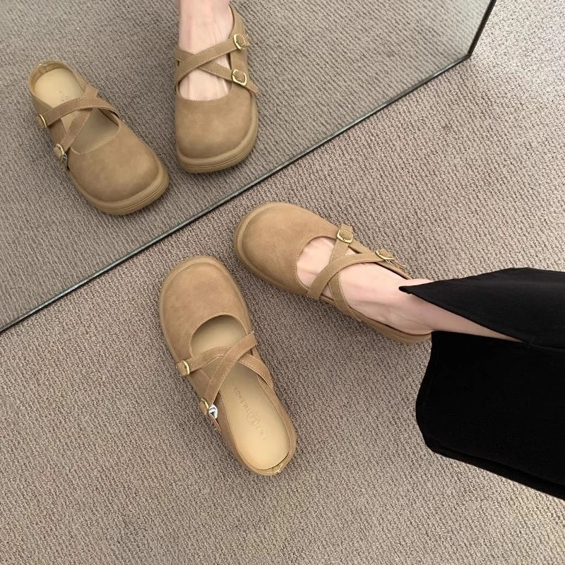 交叉扣包头半拖鞋女夏季2025年新款配裙子玛丽珍女鞋厚底法式凉拖