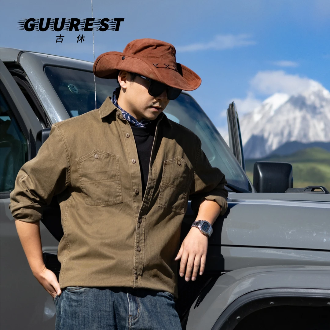2025秋季舒适透气宽松工装风复古长袖衬衫男装衬衣户外潮流