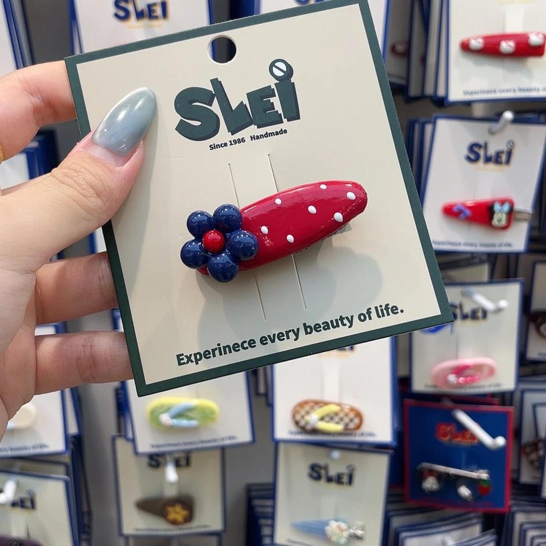 布艺非金属红色波点蓝花发夹皮