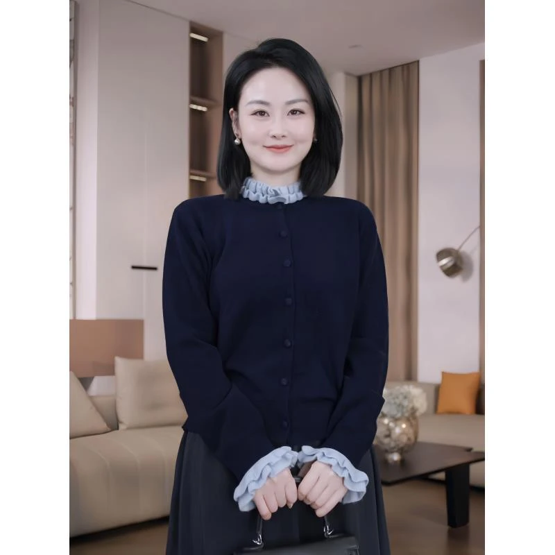 Nuovo Borgo 法式木耳边撞色宽松针织开衫减龄长袖羊毛衫上衣8286