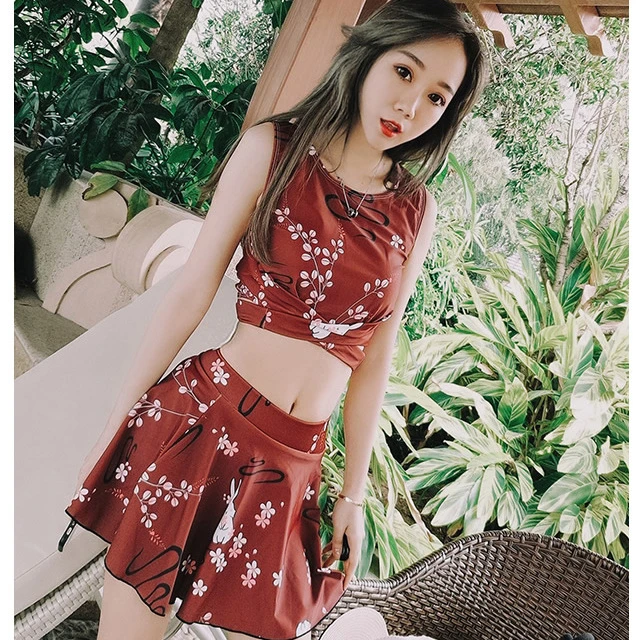 可爱游泳衣女两件套分体小胸聚拢显瘦少女高腰裙式遮肚泳装平角裤