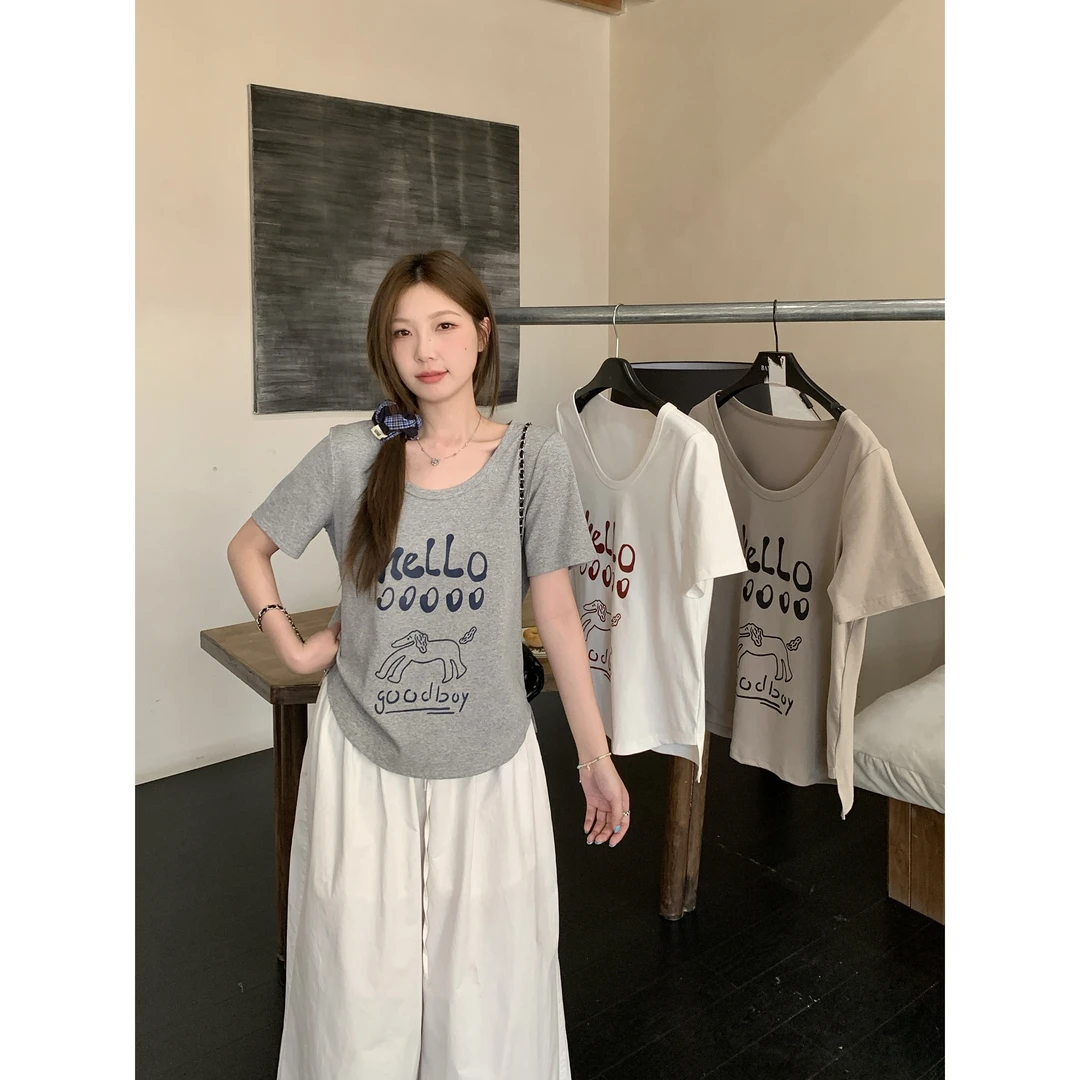 大码美美哒2025夏季韩系慵懒正肩短袖T恤印花显瘦百搭上衣64088