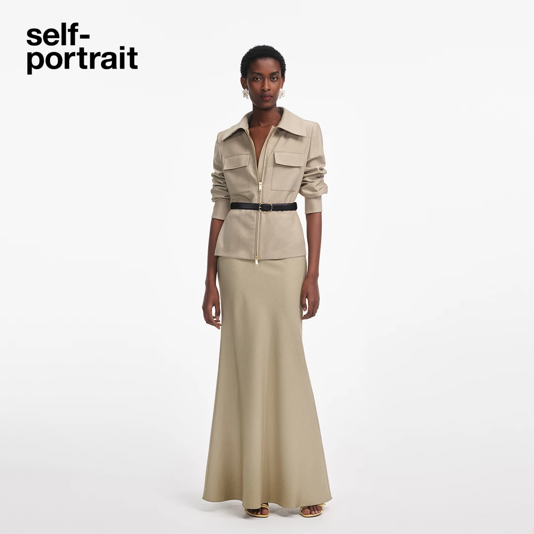 self-portrait 2025新款流光风卡其色气质工装风长款假两件连衣裙