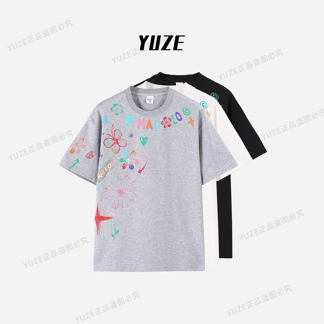【YUZE】夏季液氨双面彩色涂鸦设计圆领短袖潮流宽松百搭T恤Z98022