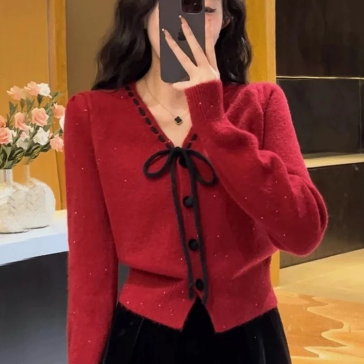 女装毛针织衫保暖红色洋气撞色蝴蝶结针织开衫长袖