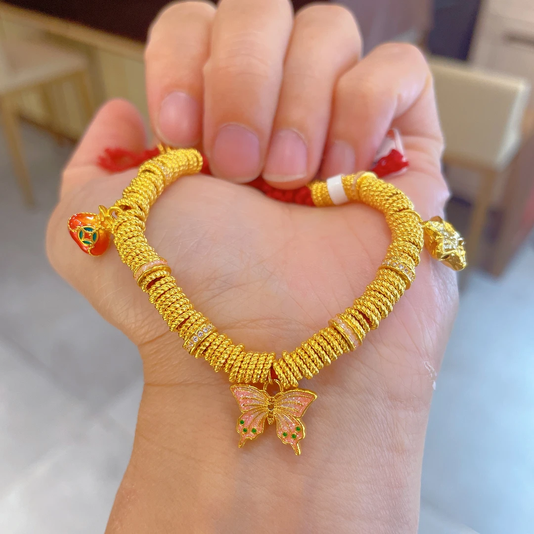 5D硬金足金999黄金盘缠 粉蝴蝶 小星星手串4.9g