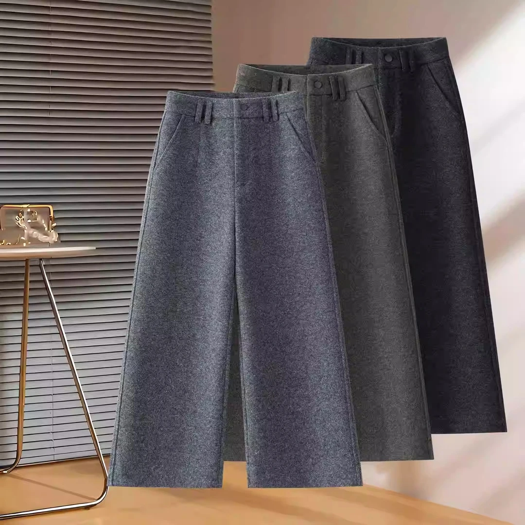 咖色羊毛八分阔腿裤女秋冬2025新款高腰垂感加厚保暖小个子直筒裤
