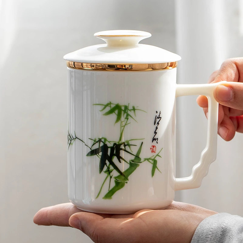 大号羊脂玉陶瓷茶杯带把防烫水杯茶叶分离泡茶杯办公杯礼盒装送礼