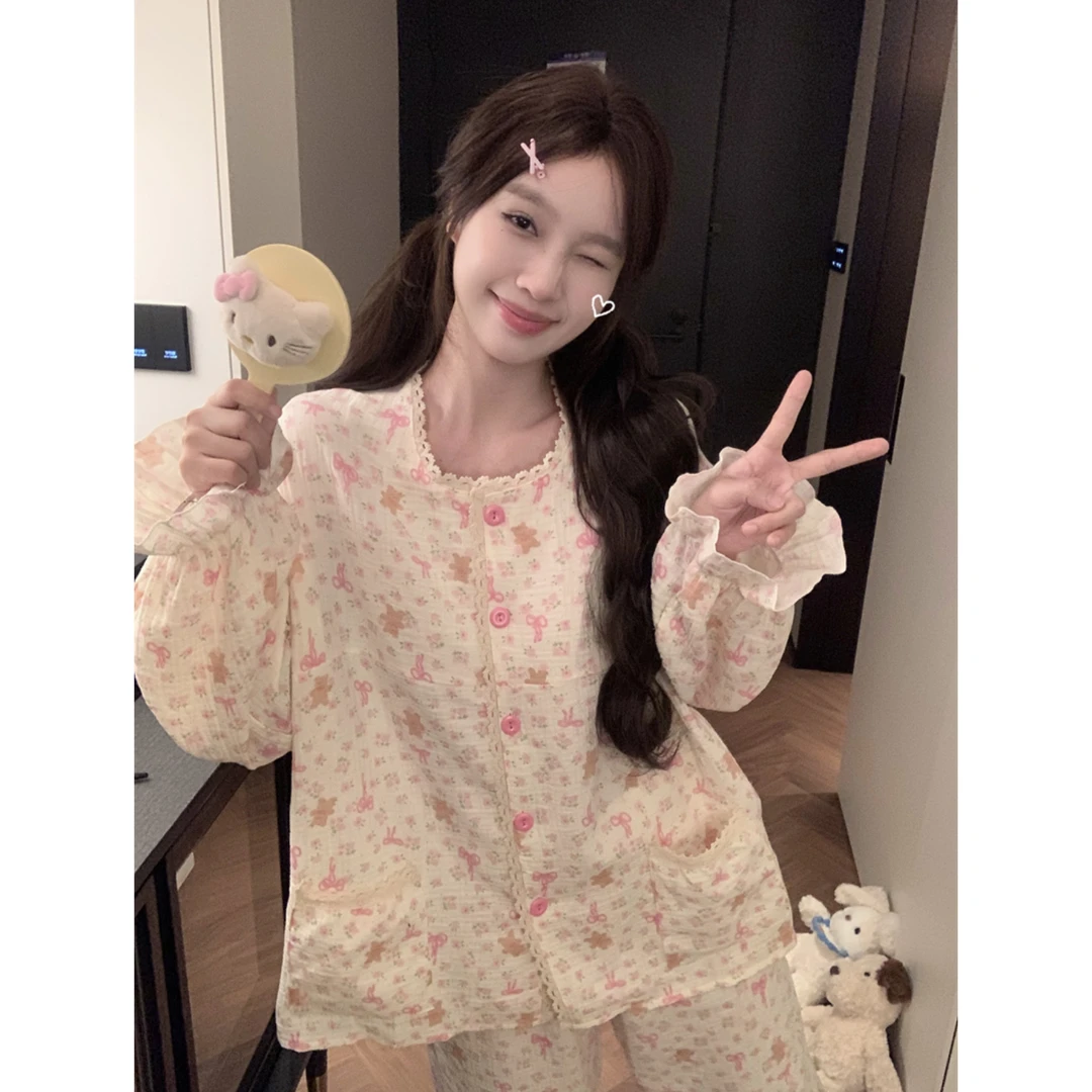 韩系可爱小熊碎花双层纱睡衣女款春秋季长袖长裤纯棉纱家居服套装