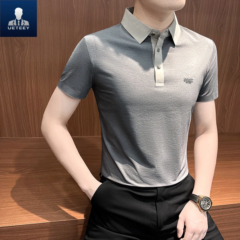 撞色polo衫男款痞帅高级感2025新款男装商务轻奢夏季冰丝短袖t恤
