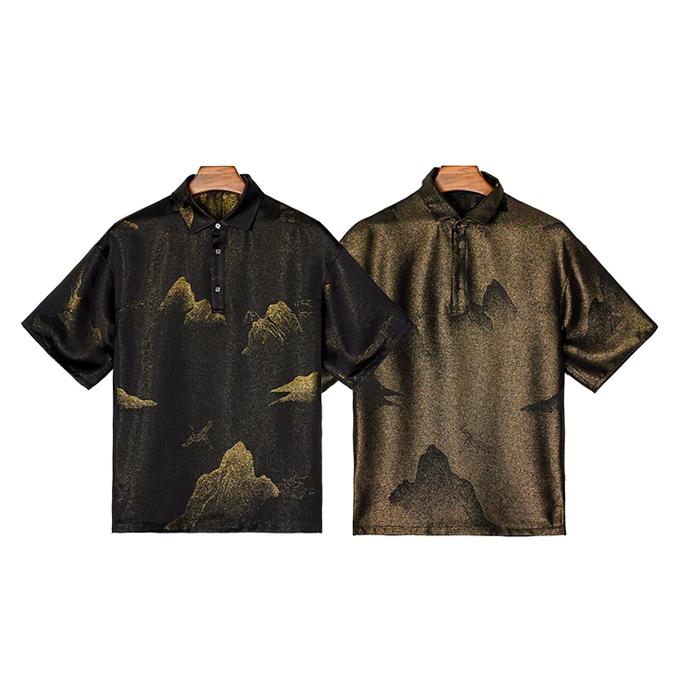 99276 桑蚕丝立领短袖立领polo衫男生大码男士夏季宽松家居服复古