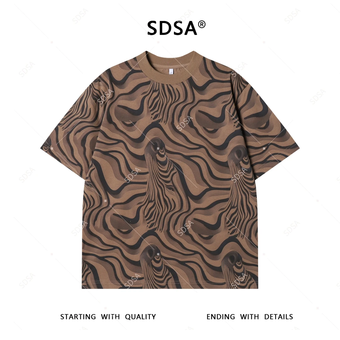 SDSA夏季高级感新款男士美式撞色水波纹设计短袖T恤复古圆领上衣