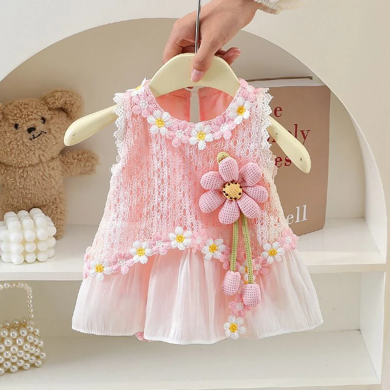 2025夏季薄款无袖棉质连体衣女宝宝三角形爬服网格纱包屁裙