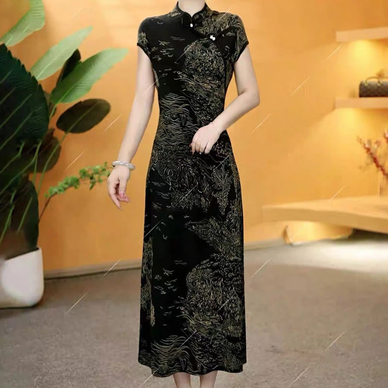 A-284时尚2025夏季短袖新款气质显瘦妈妈旗袍裙子连衣裙