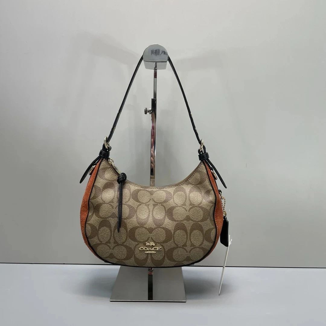 90新 COACH/蔻驰 kelo棕拼老花腋下包21*14*9cmE030917