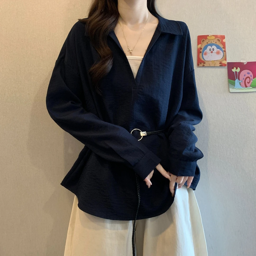大码设计感假两件系带V领长袖衬衫女春秋胖M宽松显瘦洋气收腰上衣