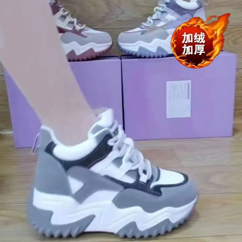【厂家直销】厚底加绒老爹鞋女2025秋冬新款增高防滑保暖休闲运动鞋