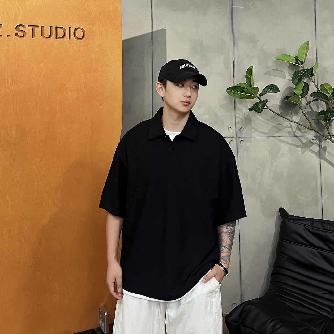胡先生25ss「简约百搭」POLO领宽松假两件蝙蝠袖250g纯棉T恤Y8102