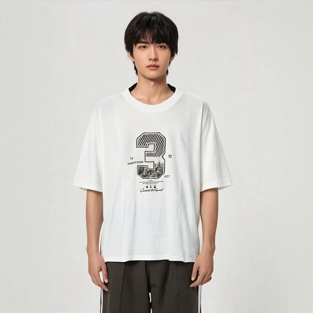 刺绣青年短袖简约宽松卡通T恤白色夏季欧若精灵风