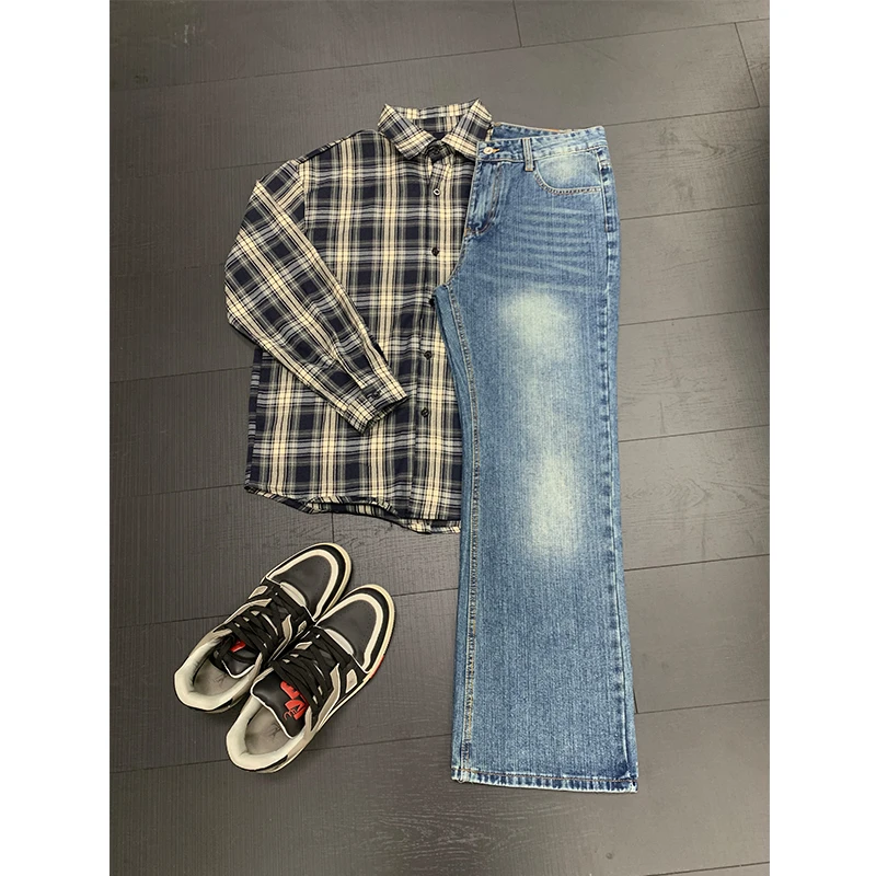 蓝色竹节纹牛仔裤男款秋季高街vibe弯刀裤子休闲百搭微喇直筒长裤