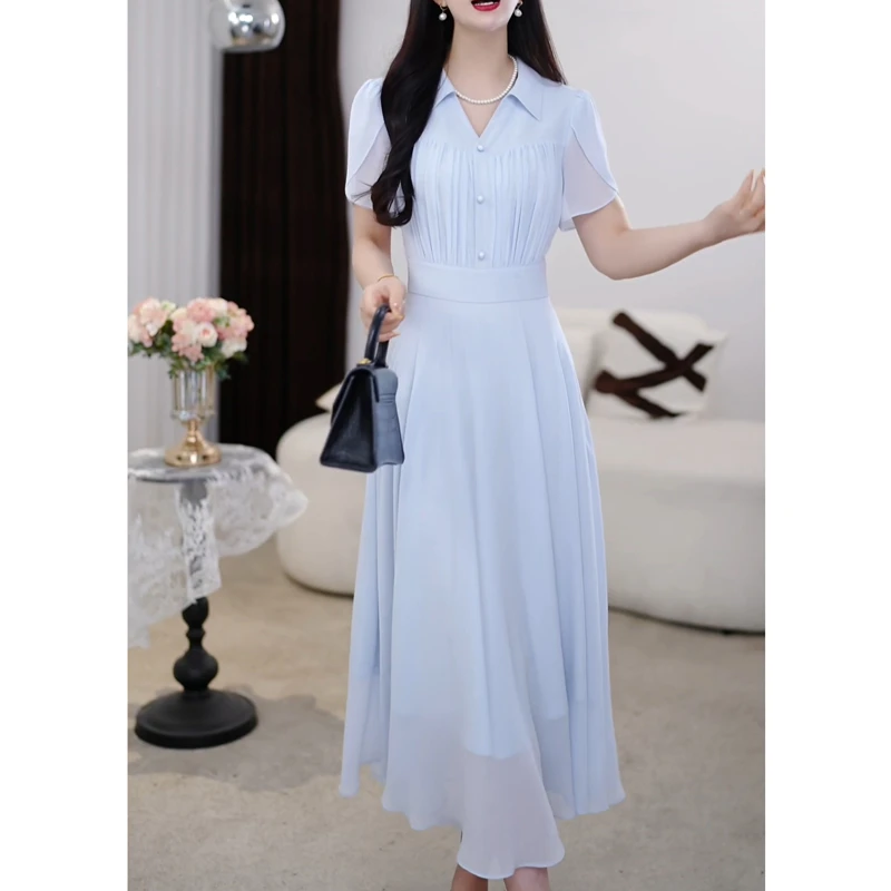 高端时尚短袖连衣裙女2025夏季新款女士气质收腰显瘦漂亮大摆裙子