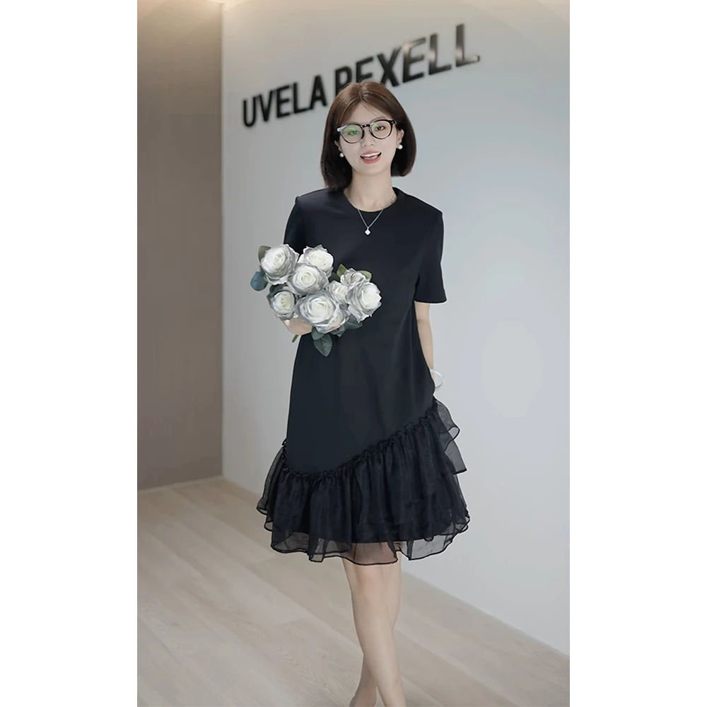 圆领拼接A字裙黑色短袖常规H型连衣裙小黑裙不规则裙子时尚夏季