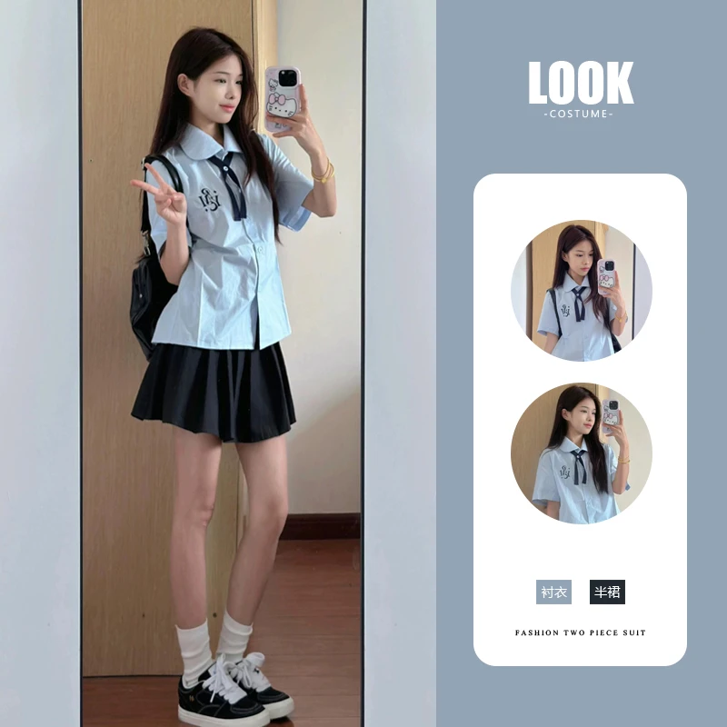 泰式校服夏季学院风甜美可爱套装ootd短袖衬衫百褶裙女学生两件套