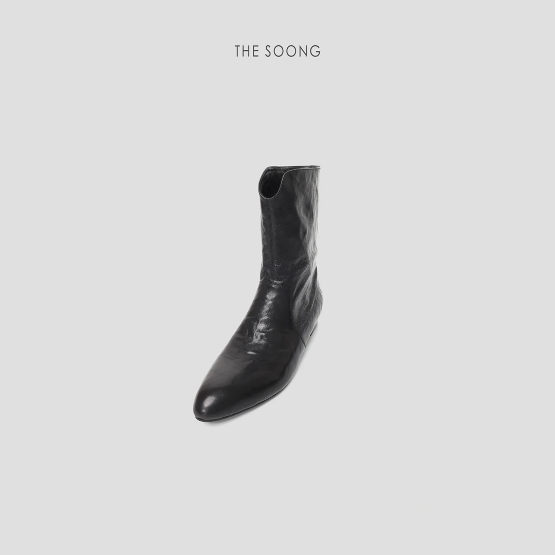 THESOONG|"翘嘴靴"进口手抓小牛皮自然皮革纹理尖头皮靴HWXZ7790