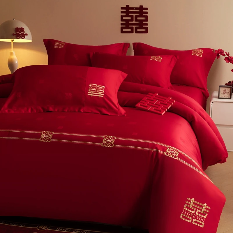 高端亲肤提花结婚四件套婚庆大红色床单被套喜庆新娘婚床四件套