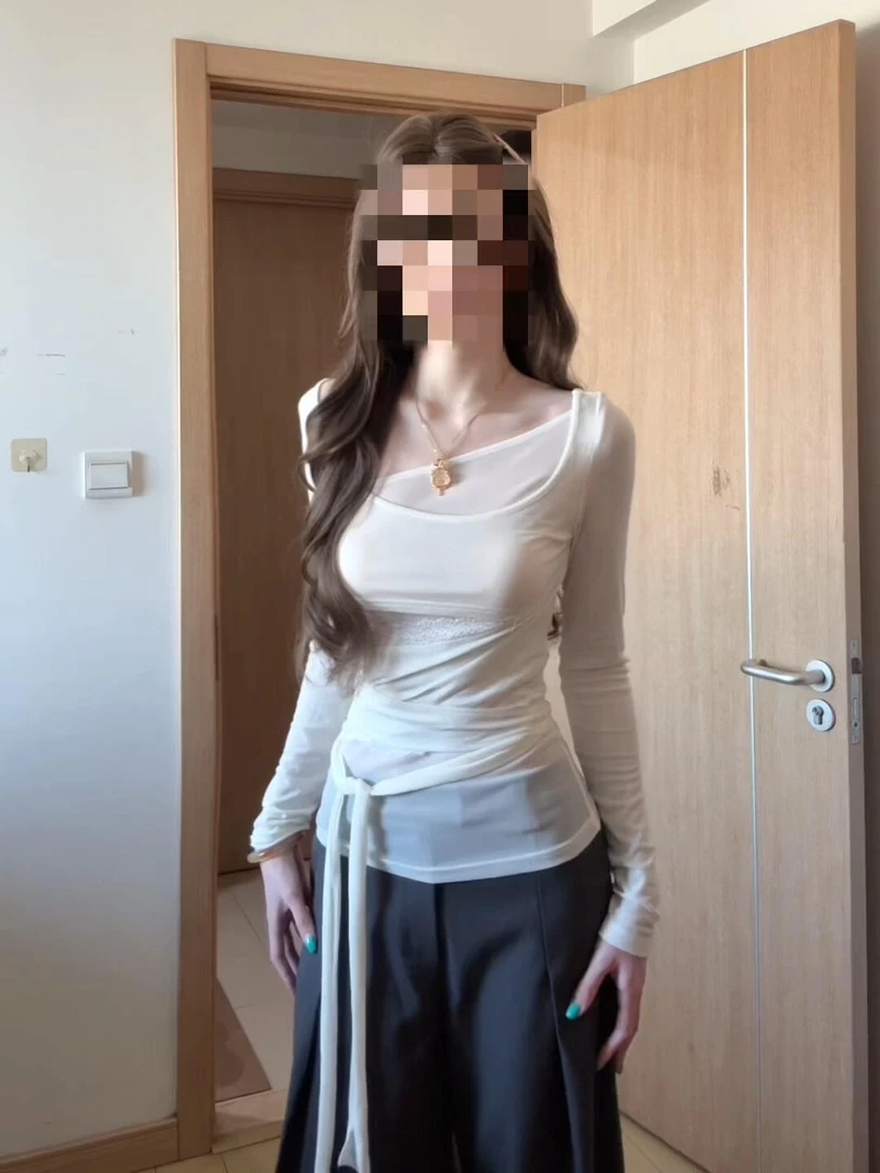 不规则绑带收腰长袖T恤罩衫上衣百搭直筒裤初秋韩系纯欲风两件套