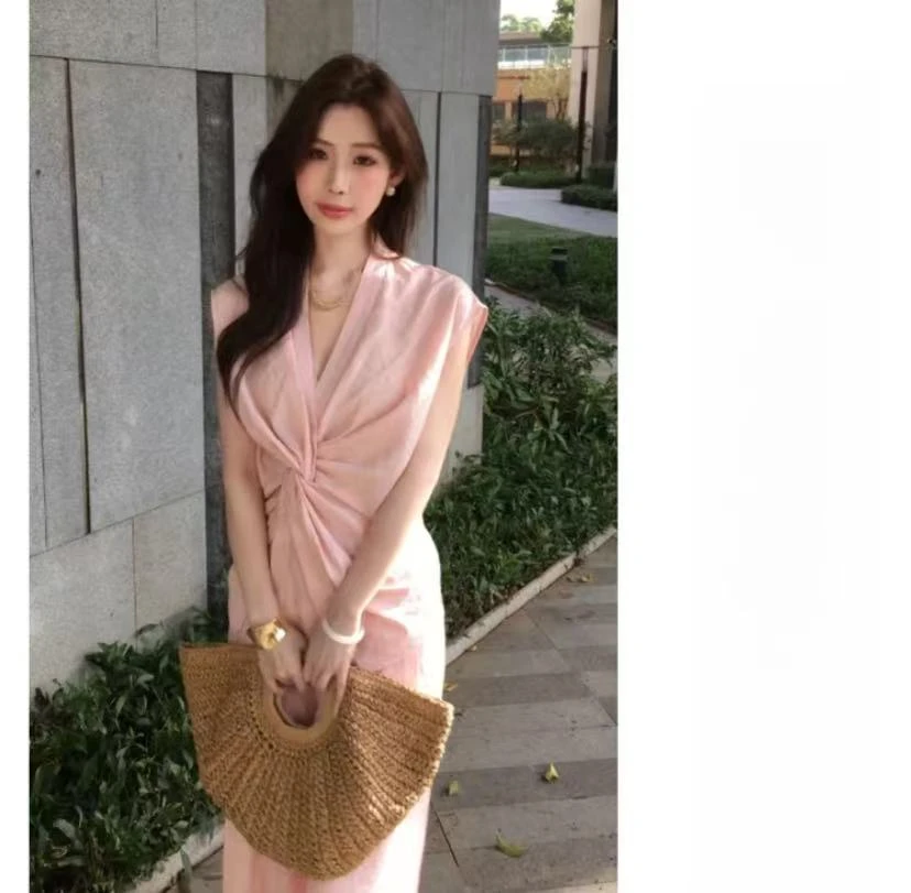 无袖交叉扭结V领衬衫女2025夏季新款小众简约气质套装高级感小众